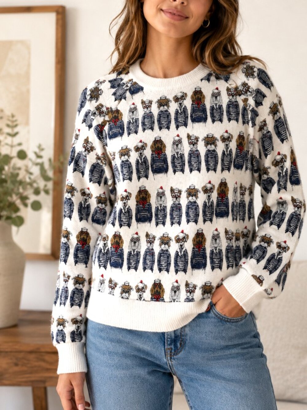Sm Wardrobe Whimsical Dog & Nautical Attire Crewneck Sweatshirt